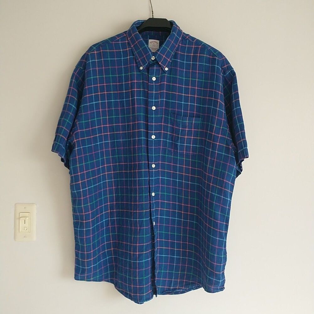Brooks Brothers Original Polo Shirt Mens XL Blue Plaid 100%Linen Button Down